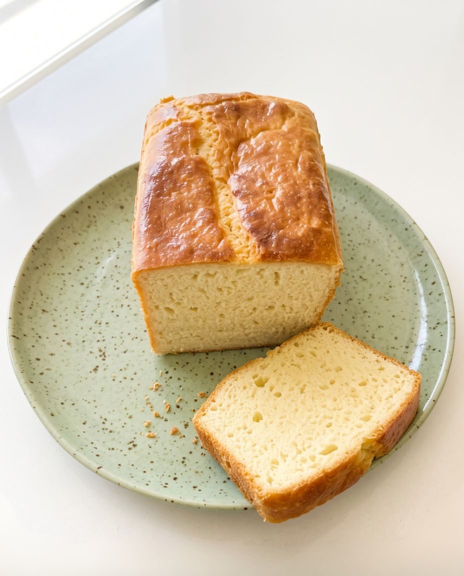 Pão multigrãos sem glúten dourado na grade, com uma fatia cortada